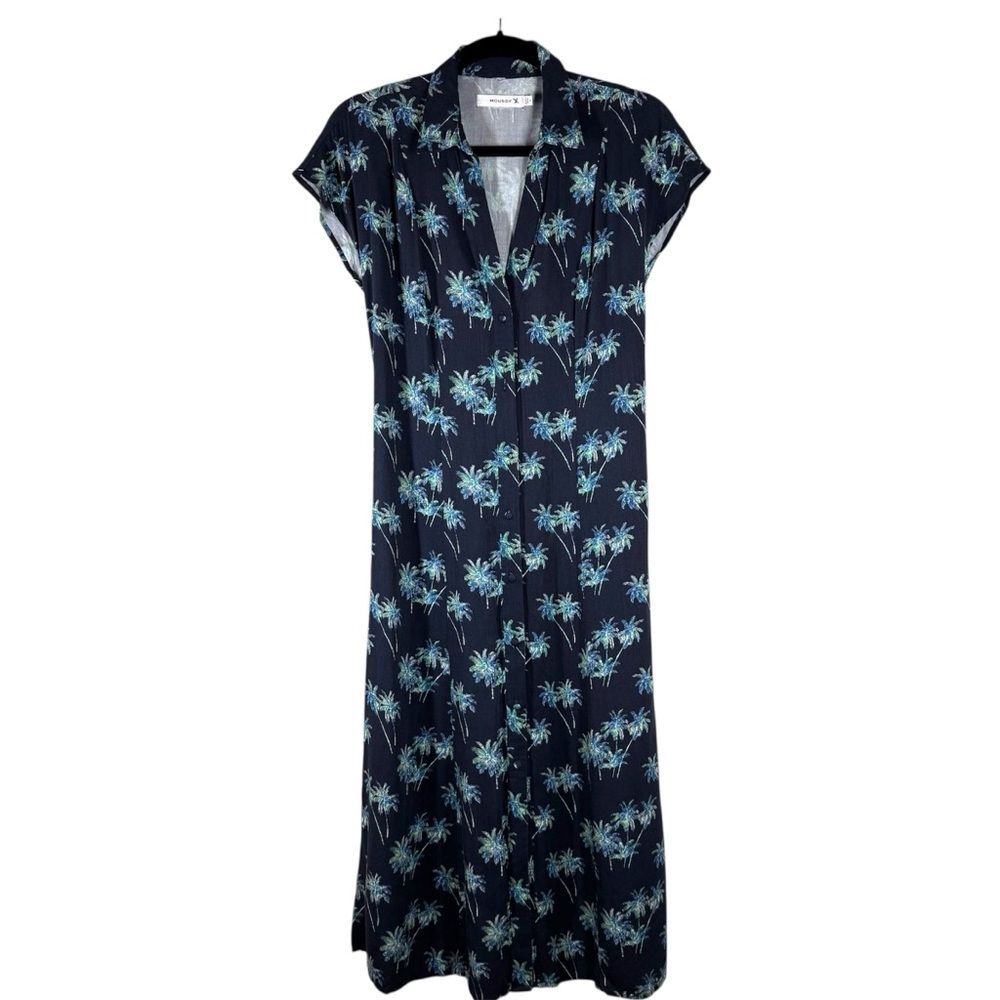 Moussy Tropical Palm Tree Print Dress Navy Blue Button Front Lace Up Back Size 2